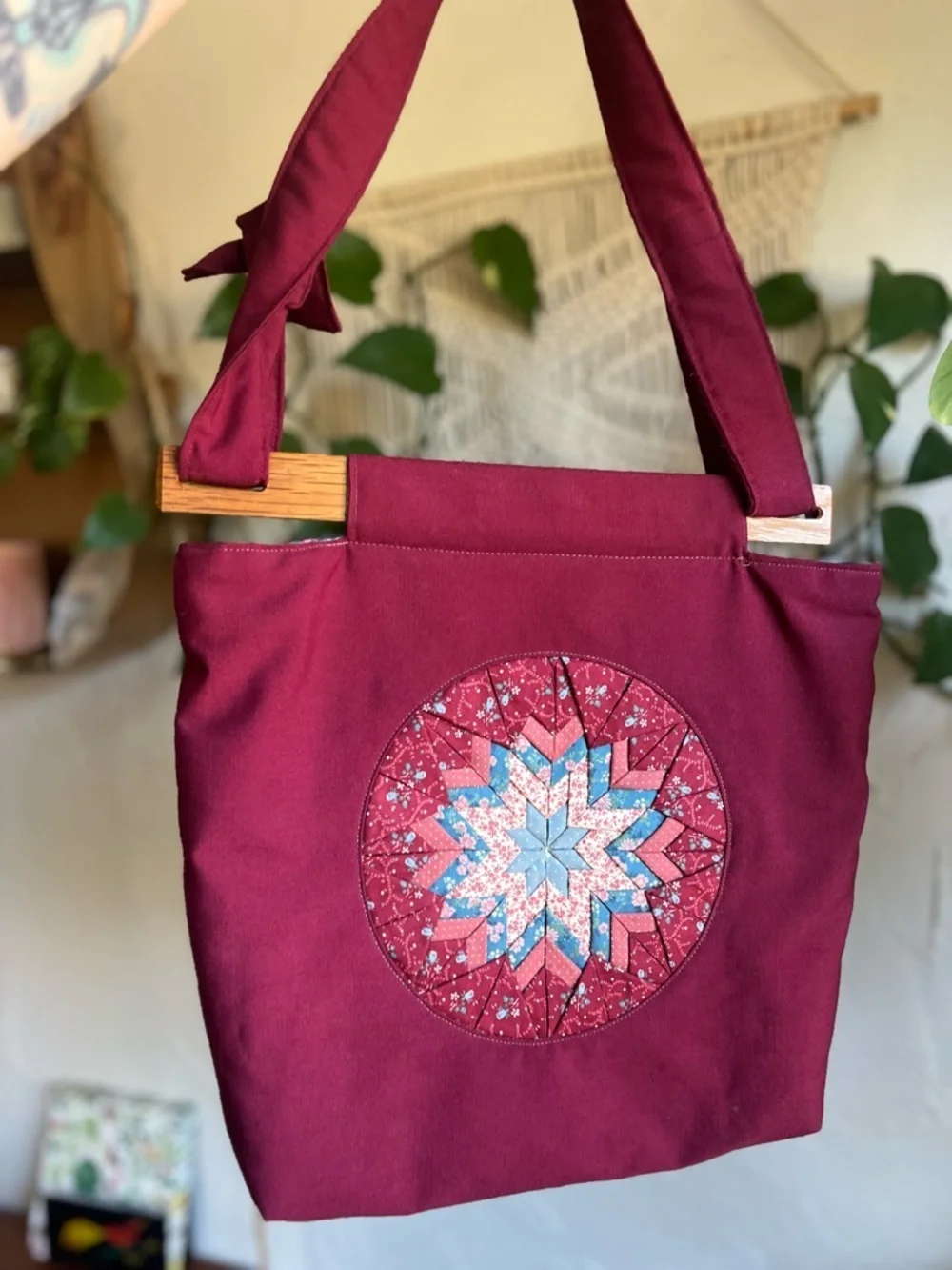 Vintage Handmade Quilted Tote Bag Cottagecore Boho Patchwork Wood Handle